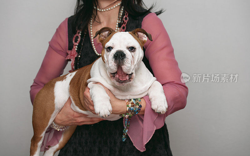 女人深情地抱着她的牛头犬