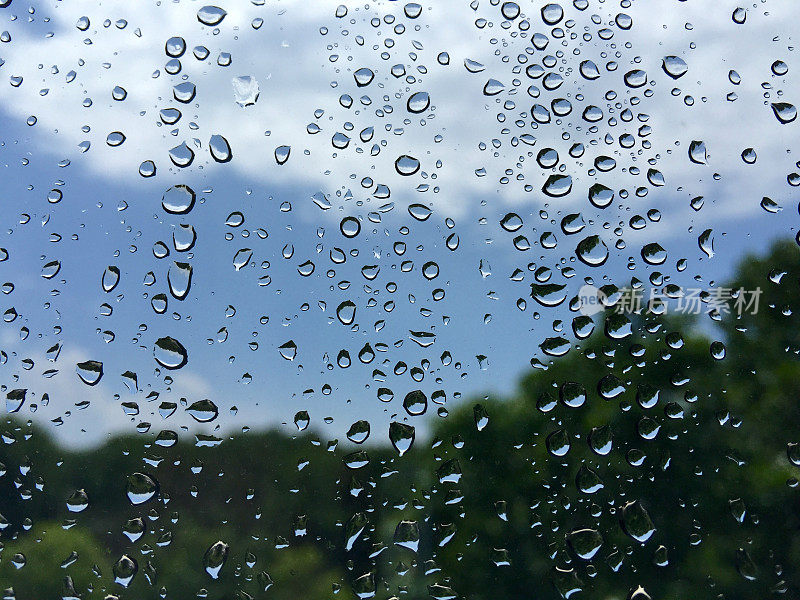 雨滴在窗口与失焦景观背景