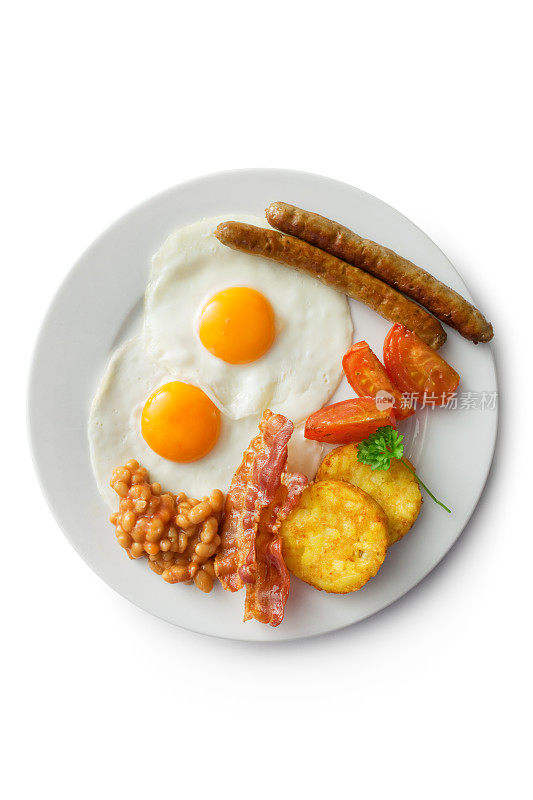 鸡蛋:煎蛋，培根，香肠，土豆泥，西红柿和豆子