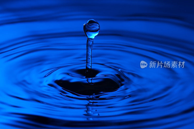 水滴近距离与同心涟漪在五颜六色的蓝色表面