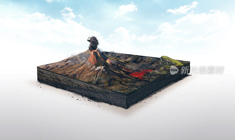 土壤切片的3d插图，火山喷发，熔岩，孤立在白色的背景