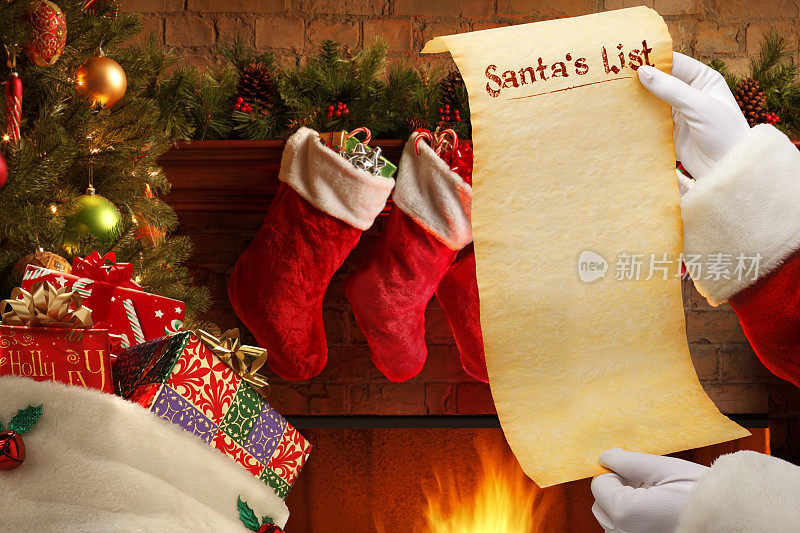 圣诞老人在圣诞树和壁炉前拿着空白名单