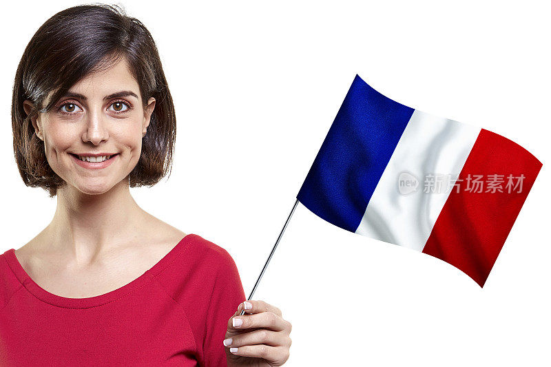 年轻女子举着法国国旗