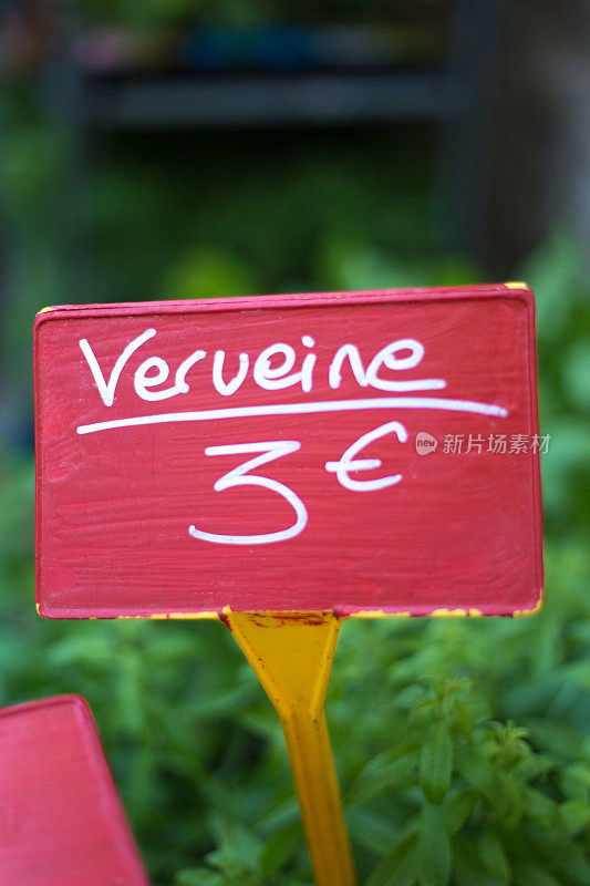 法国普罗旺斯:市场上的马鞭草植物与标志特写