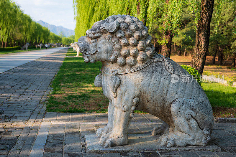 北京明十三陵神道两侧的石狮雕塑