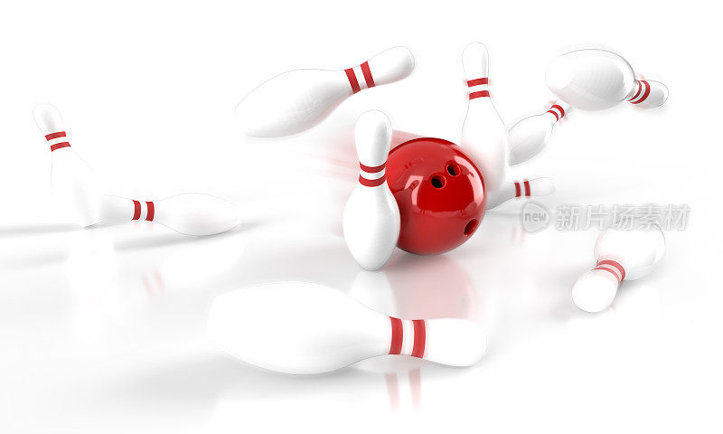 保龄球击打概念:带瓶的红球(剪切路径)