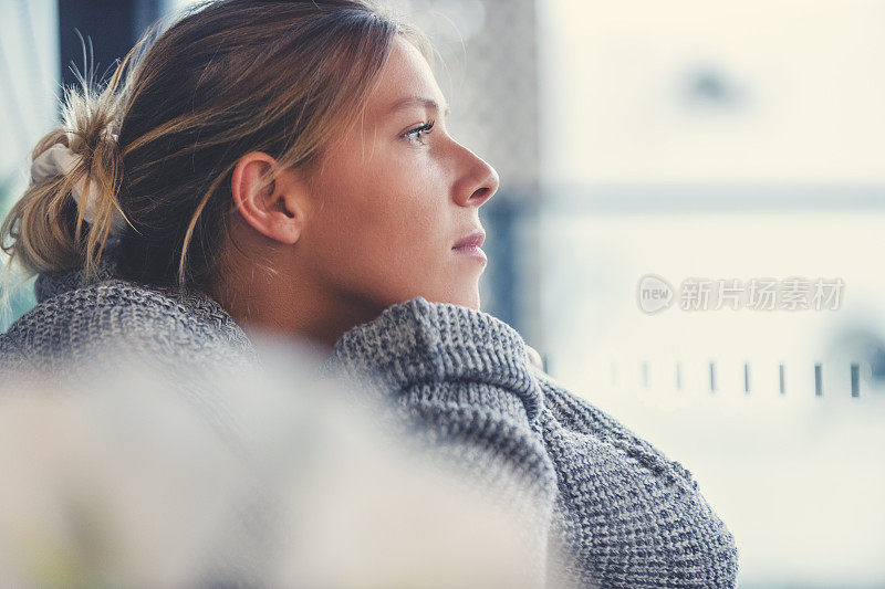 一个女人的肖像，坐在窗前看着。