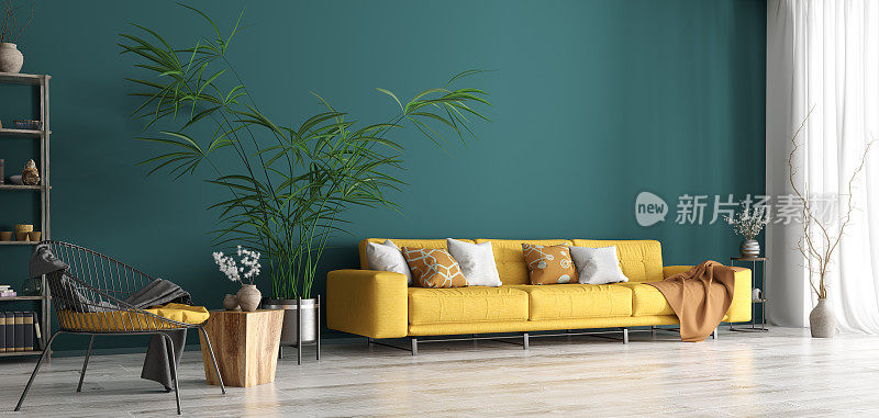 客厅室内设计采用黄色沙发3d效果图