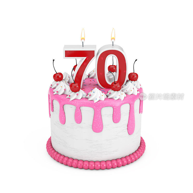 70岁生日概念。生日卡通甜点樱桃蛋糕与70周年纪念蜡烛。3d渲染