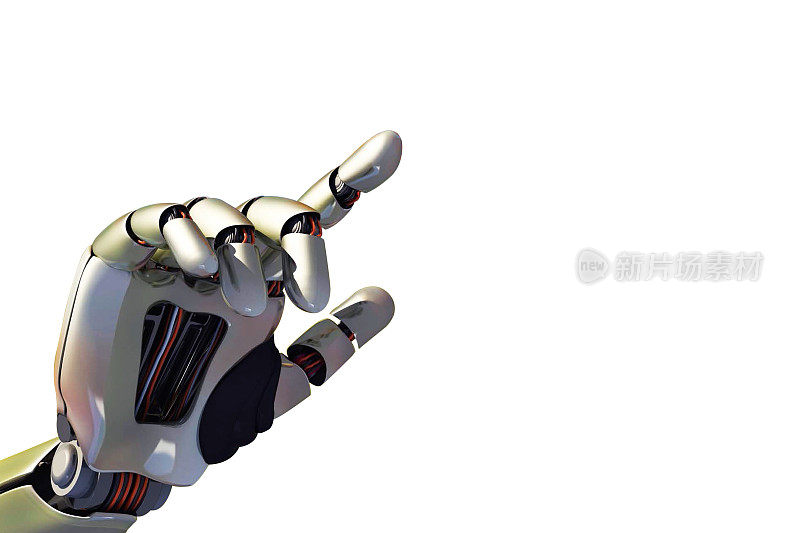 机械手触摸白色背景。机器人技术概念。