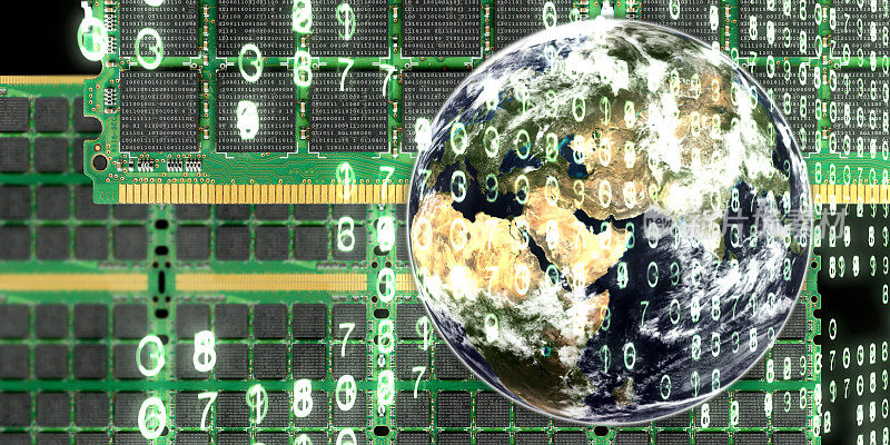 计算机内存芯片和地球二进制代码和数字。