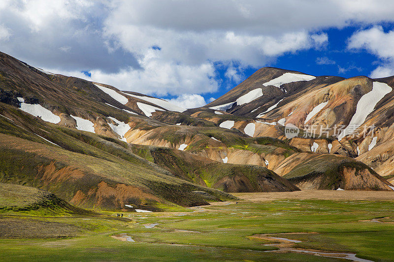 冰岛Landmannalaugar的徒步旅行者