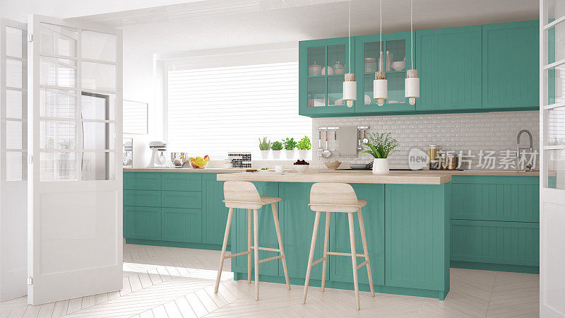 斯堪的纳维亚经典厨房的木制和绿松石的细节，极简主义的室内设计