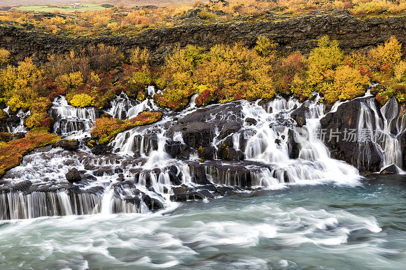 Hraunfossar瀑布倾泻到Hvítá河，秋天。