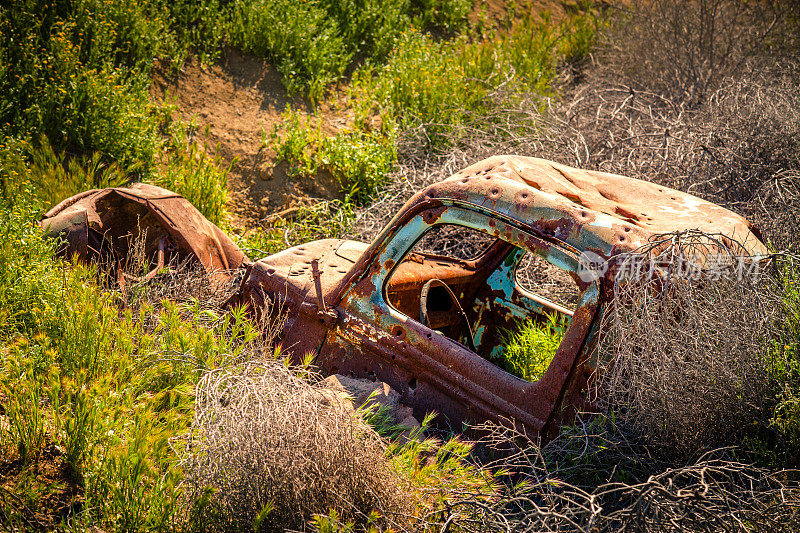 卡里佐平原上一辆生锈的废弃古董车