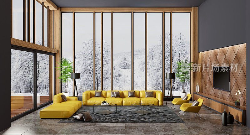 豪华别墅客厅内饰有现代黄色家具。