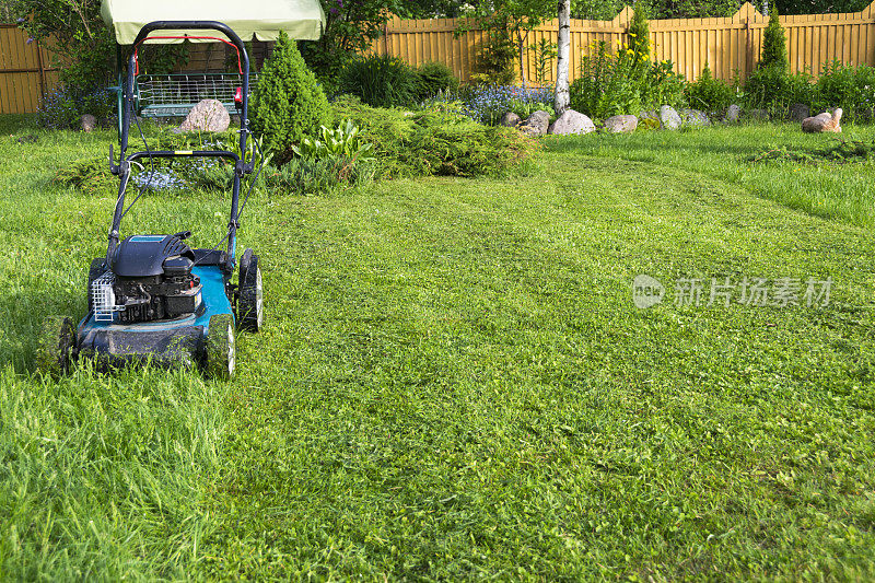 修剪草坪草坪割草机在绿色的草坪割草机，割草设备，修剪园丁护理工作工具近距离观看晴天