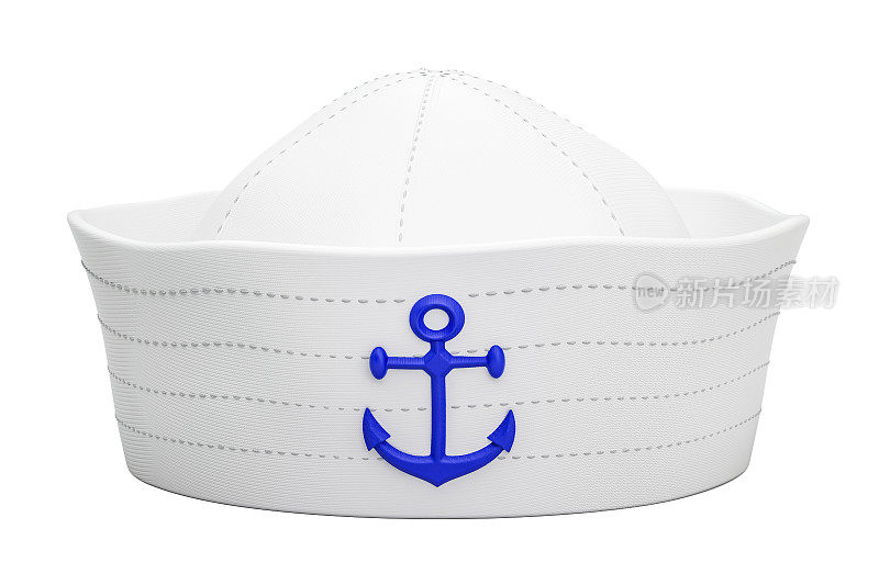 海军水手帽与锚，3D渲染孤立的白色背景
