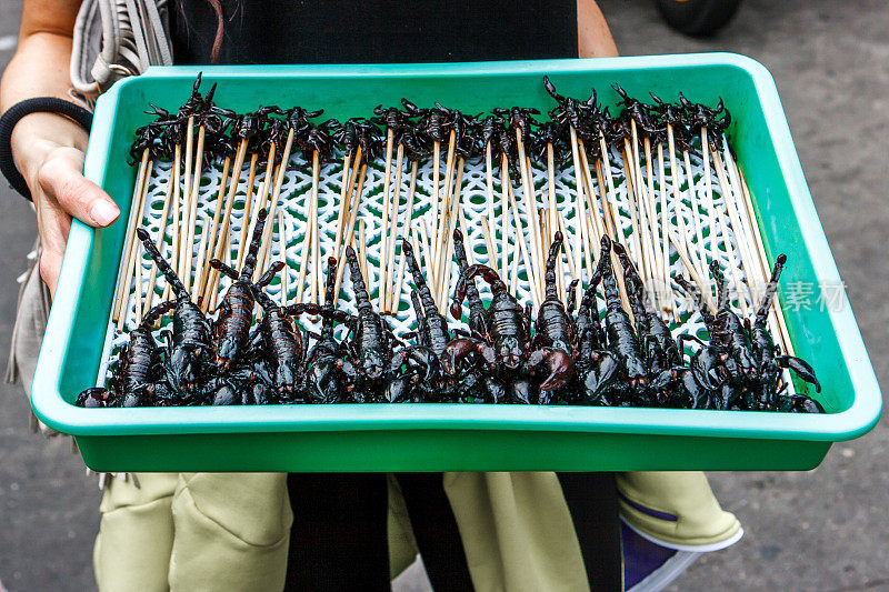 泰国曼谷考山路的一个街边小吃摊上的蝎子串