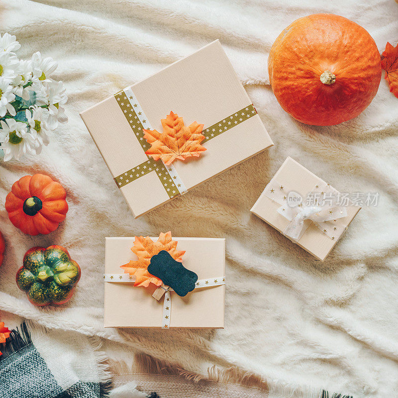 三个礼品盒放在一个有秋天装饰的毯子上