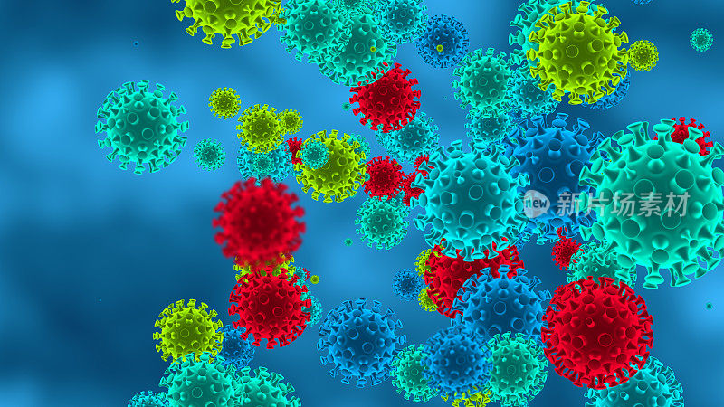 在宿主中引起感染的致病病毒的三维插图，病毒疾病的爆发，病毒抽象背景