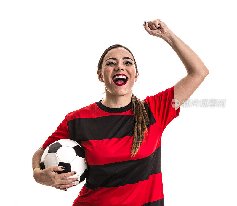 足球女子女子在红色和黑色制服孤立的白色背景