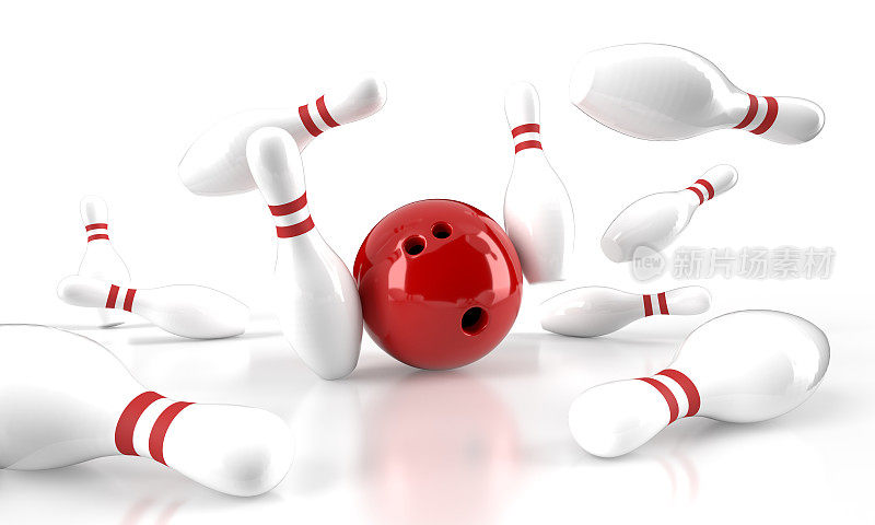 保龄球击打概念:带瓶的红球(剪切路径)
