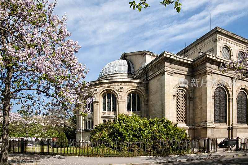 巴黎:美丽的树木开花和圣François泽维尔教堂