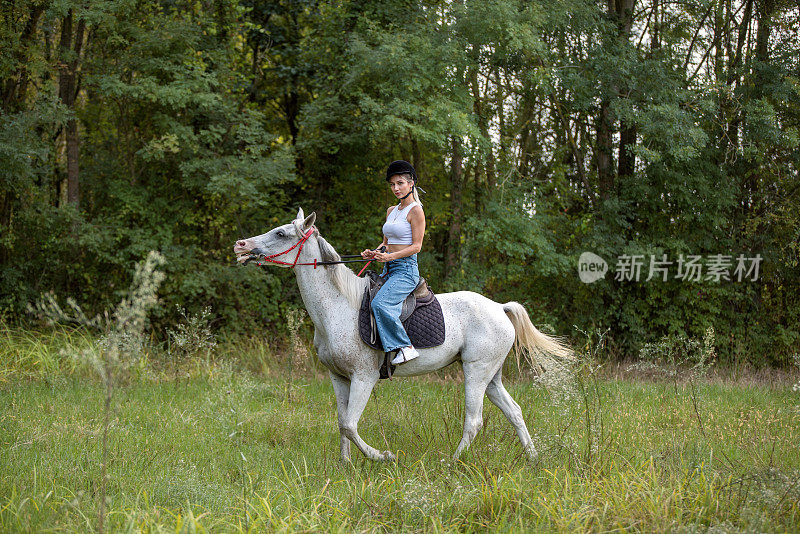 年轻美丽的女人和她的马在牧场自由漫步