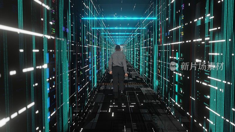 男人通过数据中心与服务器机架LED灯
