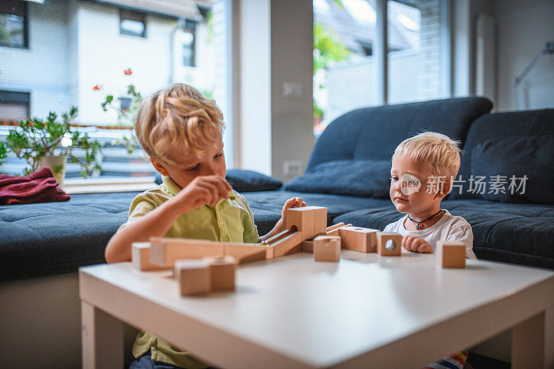 两个白人兄弟在家里玩木制玩具积木和弹珠