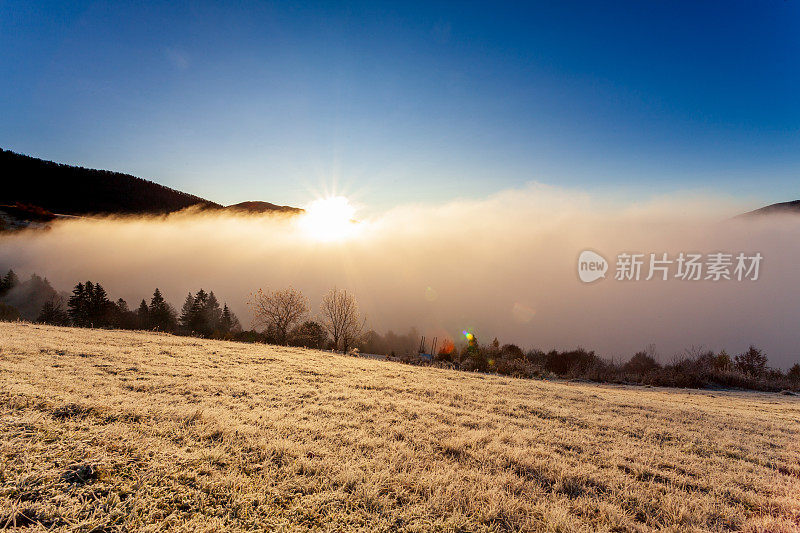 太阳从山后升起，雾在夏季清晨的黎明升起。清晨的雾消散在喀尔巴阡山脉。自然山水，自然风光，田园背景