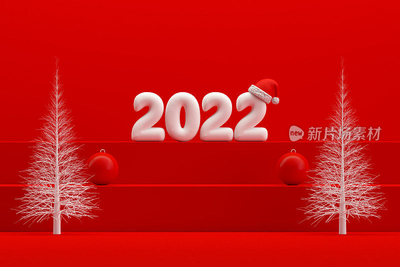 2022年圣诞新年概念，红色背景，楼梯站讲台