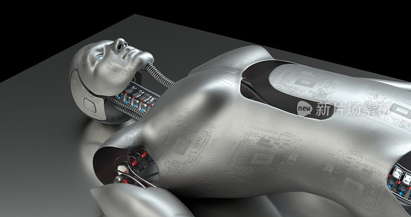 未来仿生机器人生产。人工智能人形Cyborg。