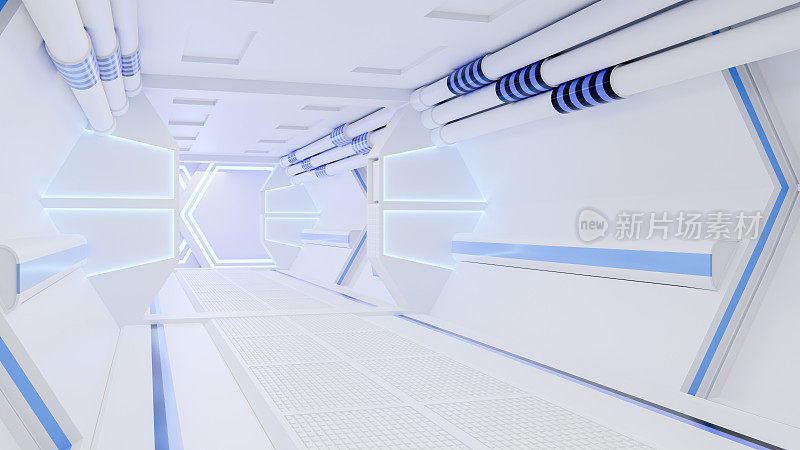 飞船走廊是一个股票动态图形视频，显示了一个移动的宇宙飞船的内部。三维渲染