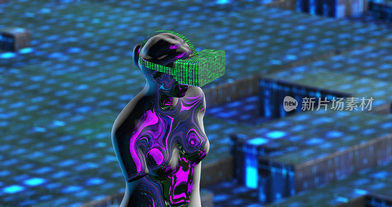 超宇宙概念，戴着虚拟现实头盔的维纳斯雕像