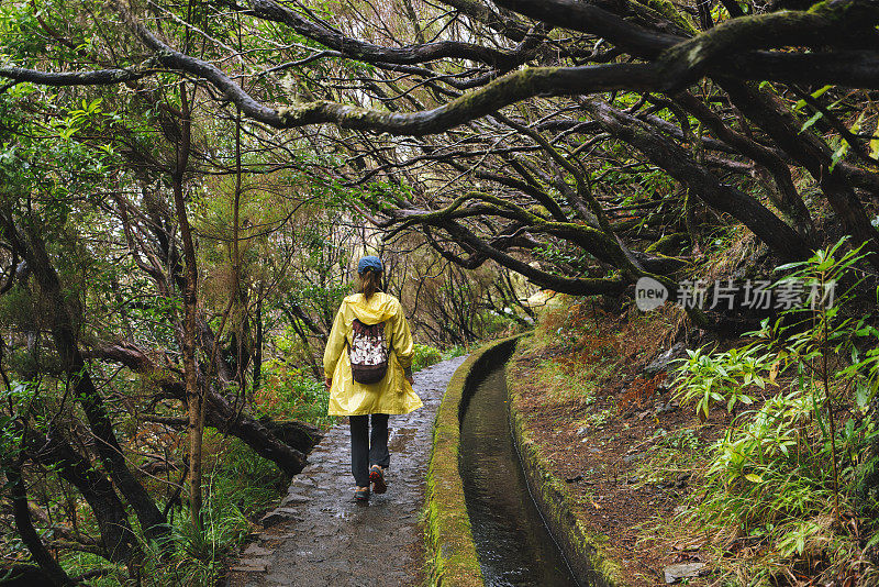 在葡萄牙马德拉岛，一名女子沿着勒瓦达徒步旅行