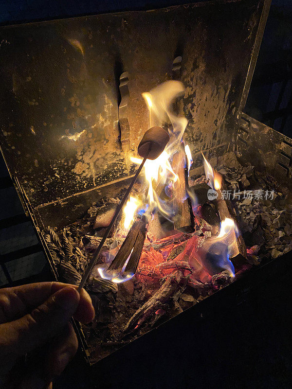 照片中，一个无法辨认的人在咆哮中烤着棉花糖，在天井里的篝火上跳舞，夜晚的天空，户外花园聚会庆祝旁遮普洛赫里冬至节