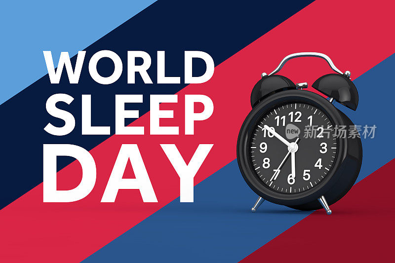世界睡眠日概念。闹钟与睡眠日标志。3d渲染