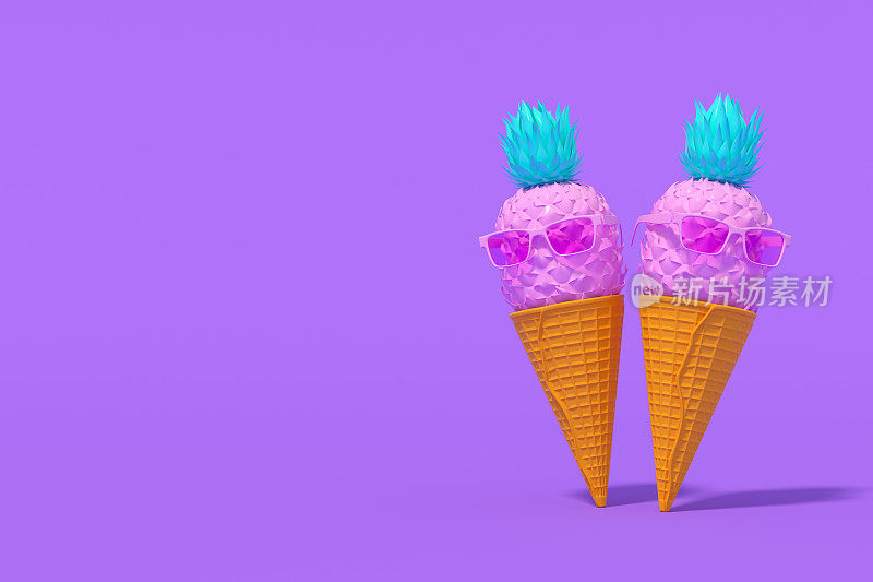 冰淇淋蛋筒上的热带菠萝太阳镜，极简的夏日概念