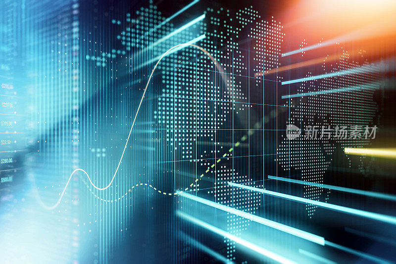 数字生成加密货币和交易所股票图表的金融和经济基础计算机软件和编码显示与点世界地图