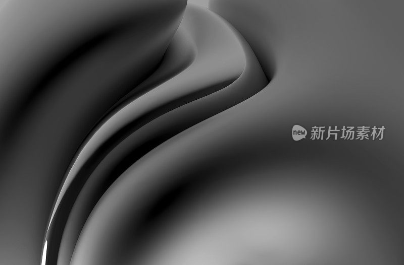 三维渲染的抽象艺术黑白3d背景与部分超现实雕塑曲线波浪形优雅螺旋线条形成磨砂深灰色铝金属材料银色光泽部分