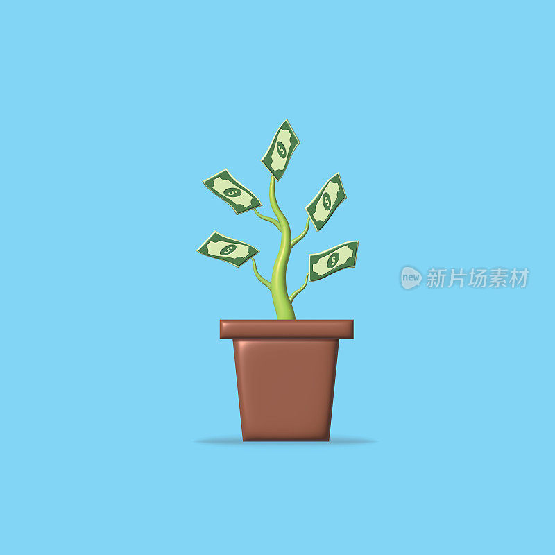 金融增长概念，蓝色背景的花盆。