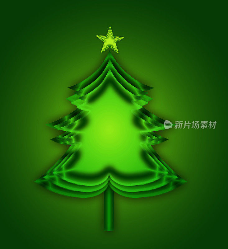 有光泽的圣诞树，绿色背景上有星星。