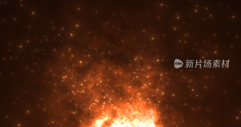 抽象的橙色火焰熊熊的粒子和火花发光美丽神奇的黑色背景。抽象的背景