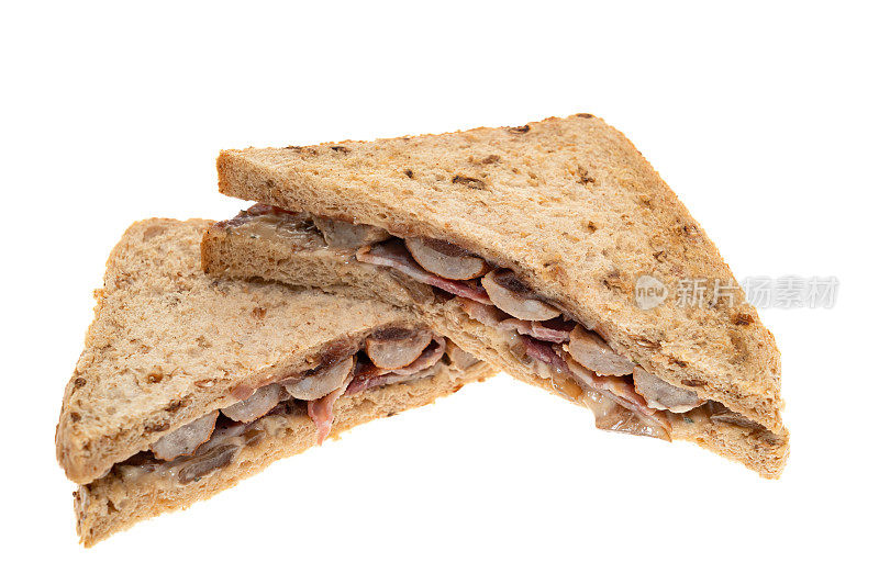 香肠和熏肉或者裹着毯子的猪三明治――白色背景
