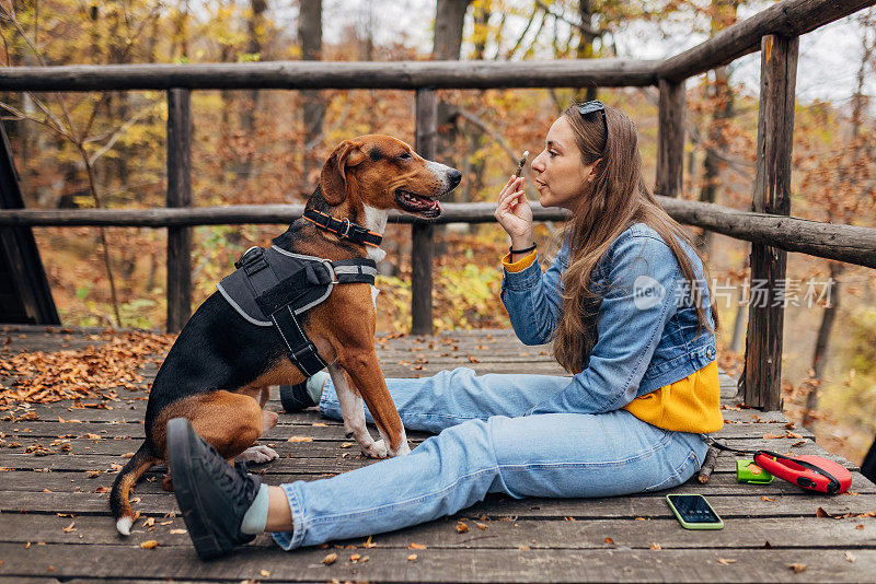 一名妇女带着她的三色狗坐在门廊上，给它吃点东西