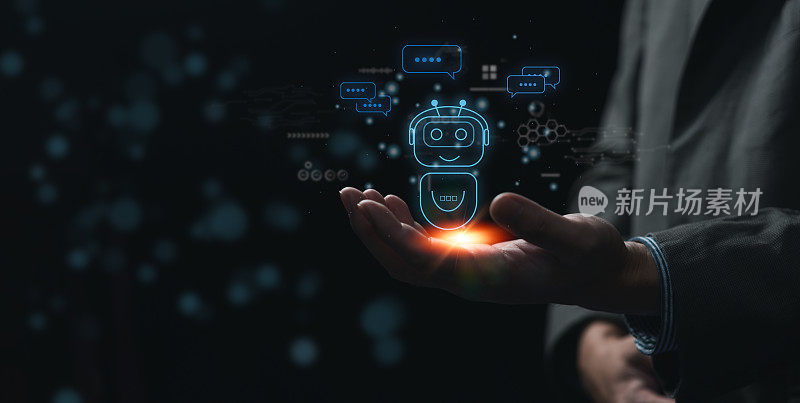 商人手持光聊天机器人全息图智能AI。数字聊天机器人，chatGPT，机器人应用。聊天GPT聊天与AI人工智能开发者数字技术概念。