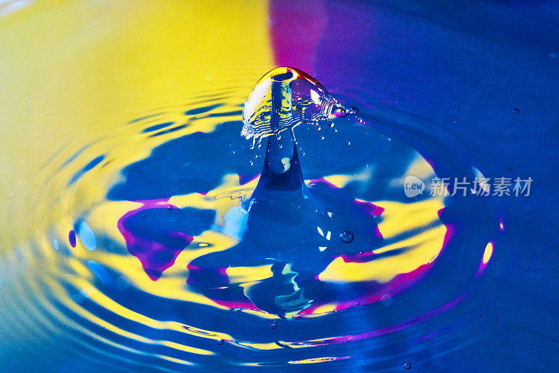 蓝色、紫色和黄色的水泛起涟漪，两滴水碰撞在一起