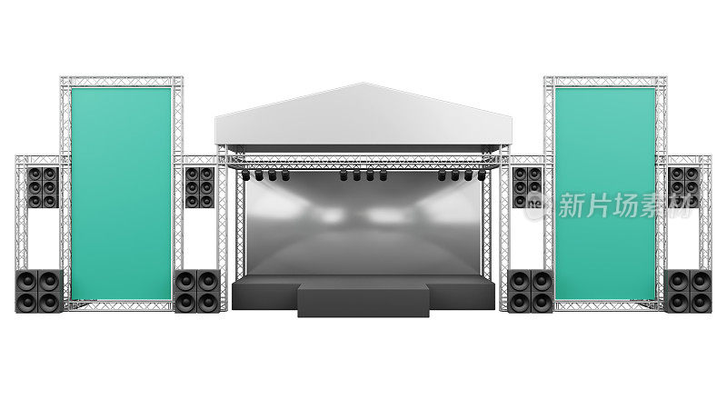 户外舞台索具桁架的三维渲染，灯光和音响系统，空白背景，2屏幕，音乐会表演的商业概念